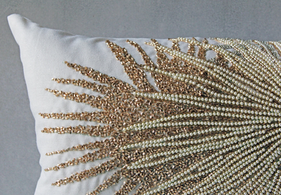Gold Beaded Tropical Throw Pillow Cover