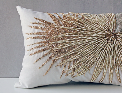 Gold Beaded Tropical Throw Pillow Cover